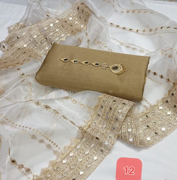 3PC Stitched Raw Silk Suit With Organza Sequence,Mirror work & Embroiderd Dupatta - Image 13