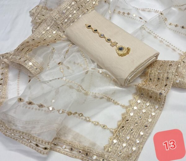 3PC Stitched Raw Silk Suit With Organza Sequence,Mirror work & Embroiderd Dupatta - Image 14