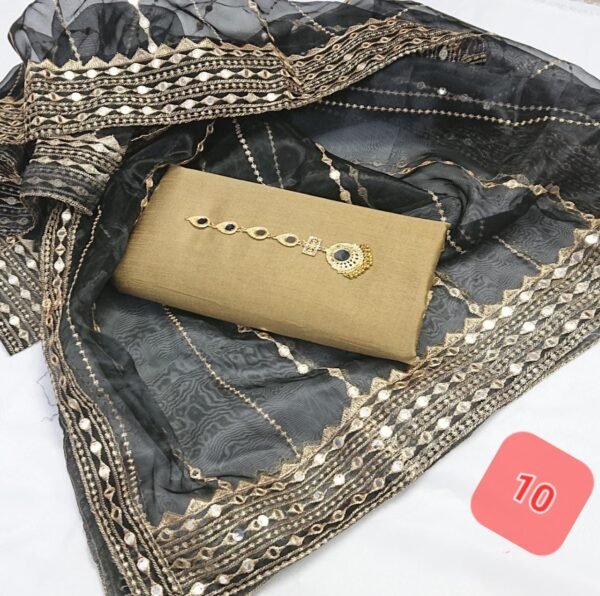 3PC Stitched Raw Silk Suit With Organza Sequence,Mirror work & Embroiderd Dupatta - Image 11