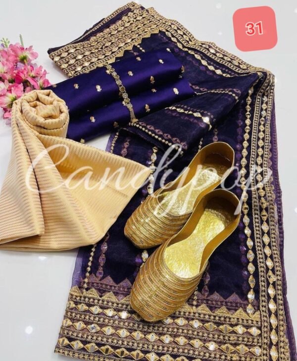 3 Pcs Stitched Silk Suit With Organza Dupatta. - Image 32