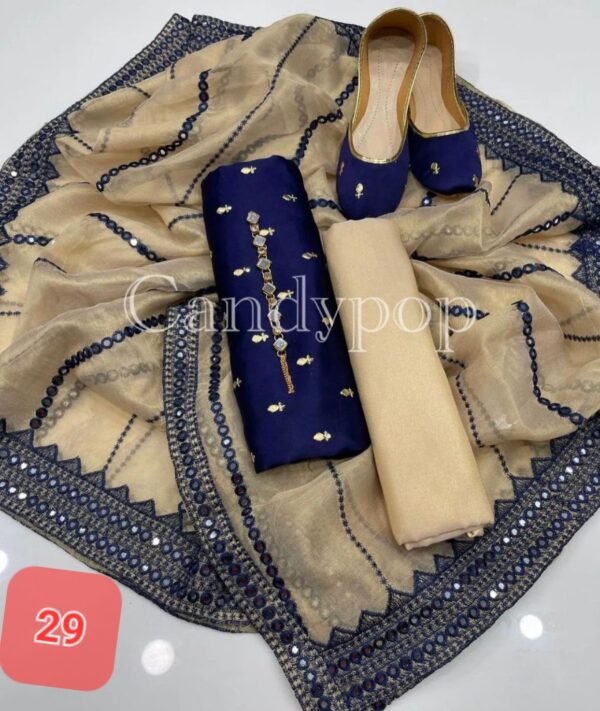 3 Pcs Stitched Silk Suit With Organza Dupatta. - Image 30