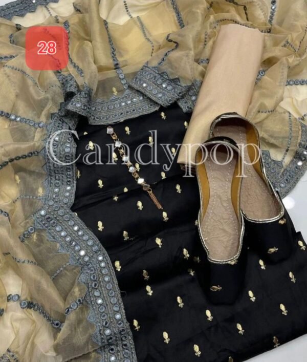 3 Pcs Stitched Silk Suit With Organza Dupatta. - Image 29