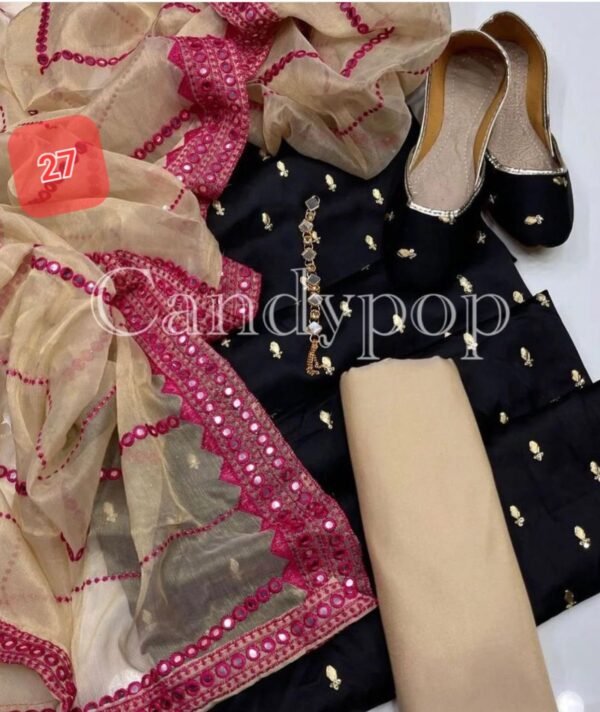 3 Pcs Stitched Silk Suit With Organza Dupatta. - Image 28