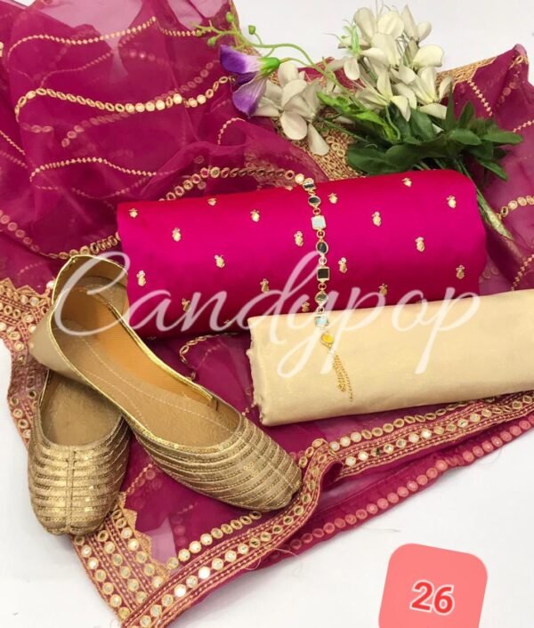 3 Pcs Stitched Silk Suit With Organza Dupatta. - Image 27