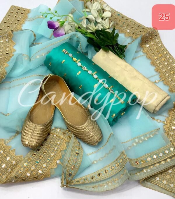 3 Pcs Stitched Silk Suit With Organza Dupatta. - Image 26