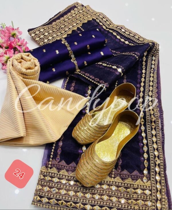 3 Pcs Stitched Silk Suit With Organza Dupatta. - Image 25