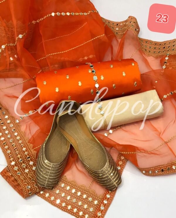 3 Pcs Stitched Silk Suit With Organza Dupatta. - Image 24
