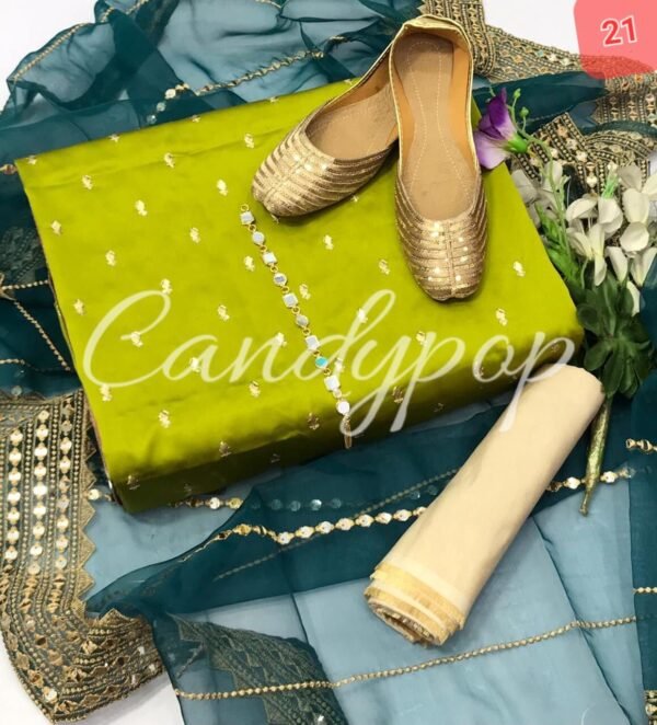 3 Pcs Stitched Silk Suit With Organza Dupatta. - Image 22