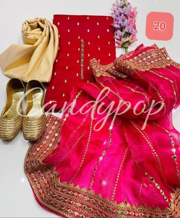 3 Pcs Stitched Silk Suit With Organza Dupatta. - Image 21