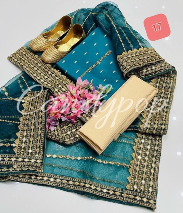 3 Pcs Stitched Silk Suit With Organza Dupatta. - Image 18