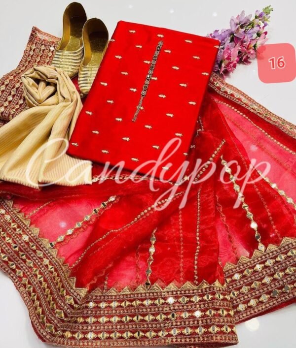 3 Pcs Stitched Silk Suit With Organza Dupatta. - Image 17