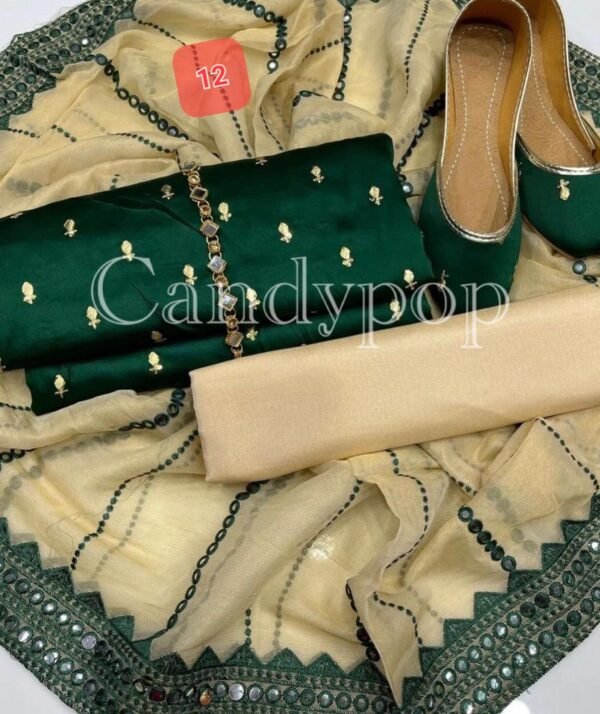 3 Pcs Stitched Silk Suit With Organza Dupatta. - Image 13