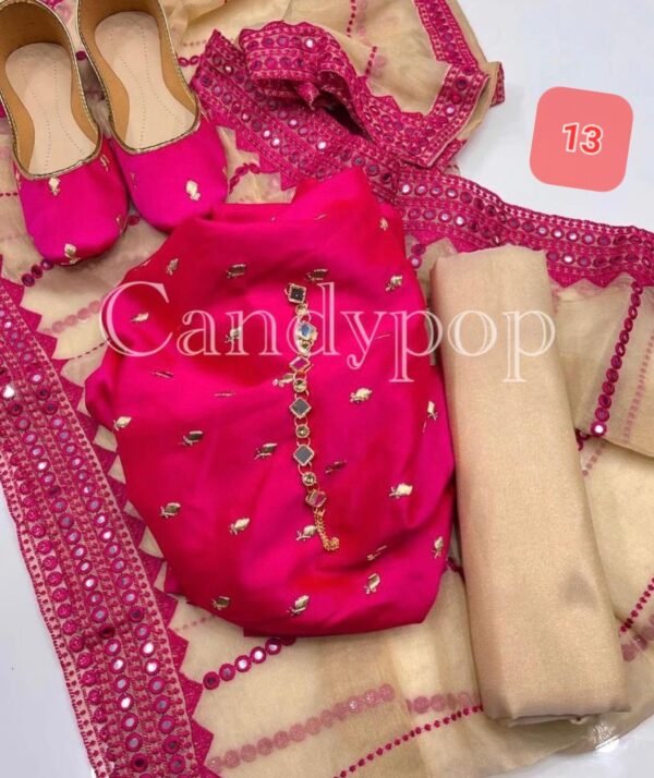3 Pcs Stitched Silk Suit With Organza Dupatta. - Image 14