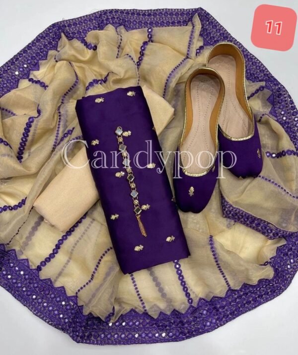 3 Pcs Stitched Silk Suit With Organza Dupatta. - Image 12