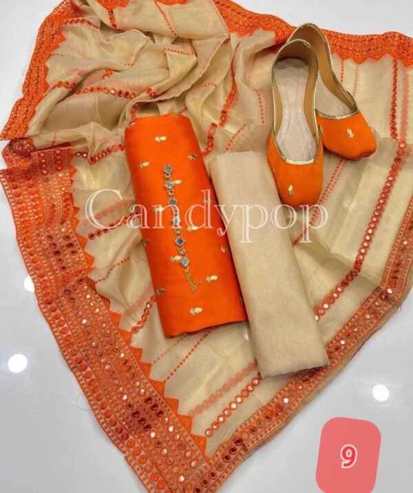 3 Pcs Stitched Silk Suit With Organza Dupatta. - Image 10