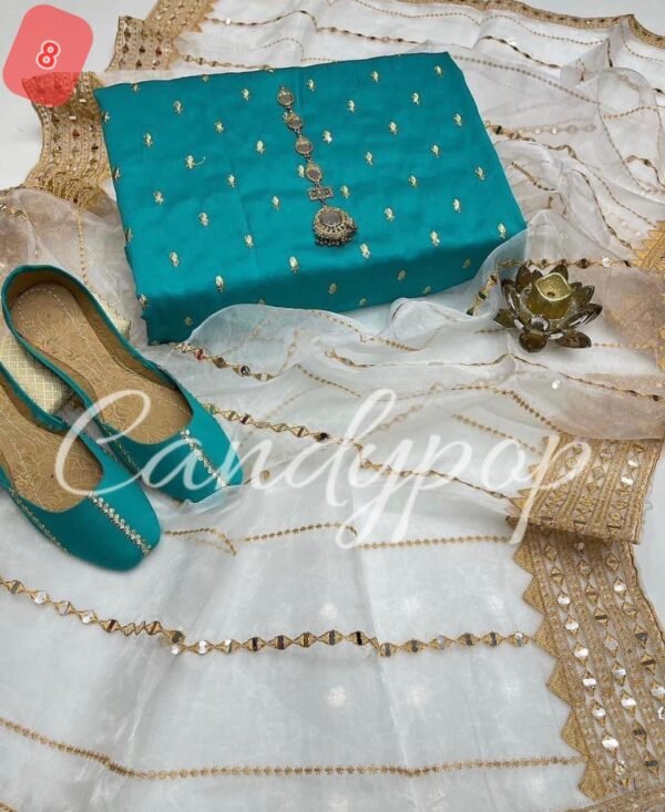 3 Pcs Stitched Silk Suit With Organza Dupatta. - Image 9