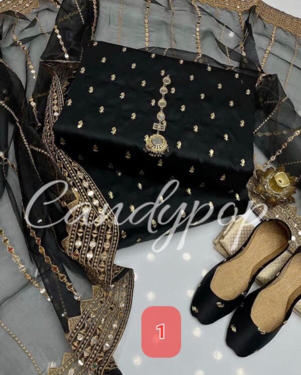 3 Pcs Stitched Silk Suit With Organza Dupatta. - Image 2