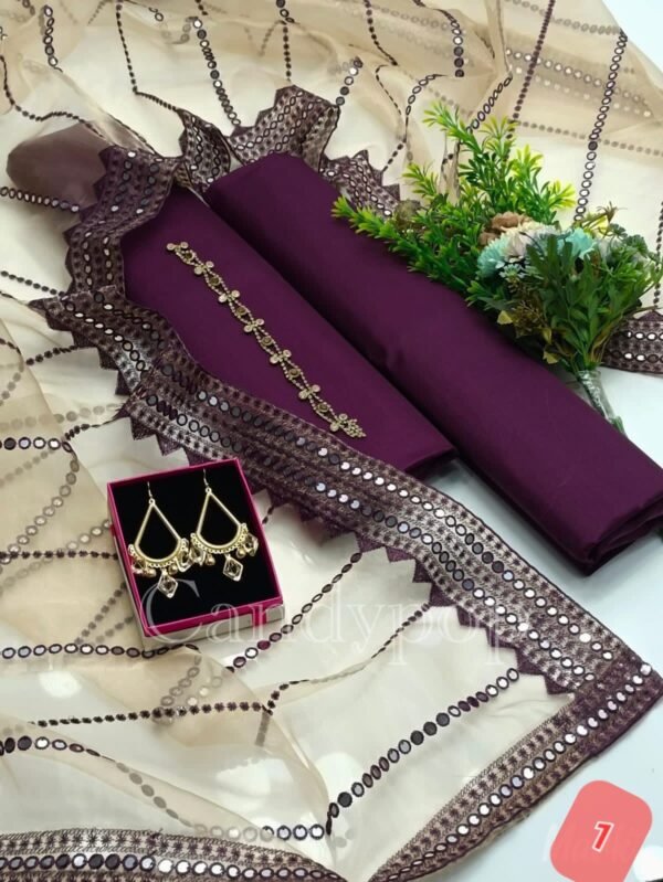 3PC Stitched Raw Silk Suit With Organza Sequence,Mirror work & Embroiderd Dupatta - Image 2