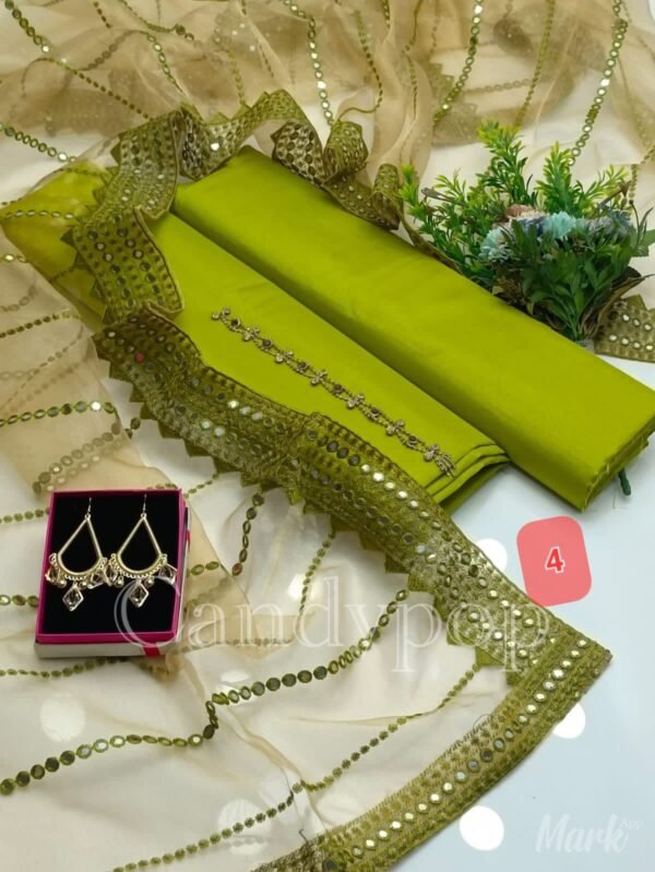 3PC Stitched Raw Silk Suit With Organza Sequence,Mirror work & Embroiderd Dupatta - Image 5
