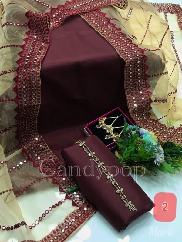 3PC Stitched Raw Silk Suit With Organza Sequence,Mirror work & Embroiderd Dupatta - Image 3
