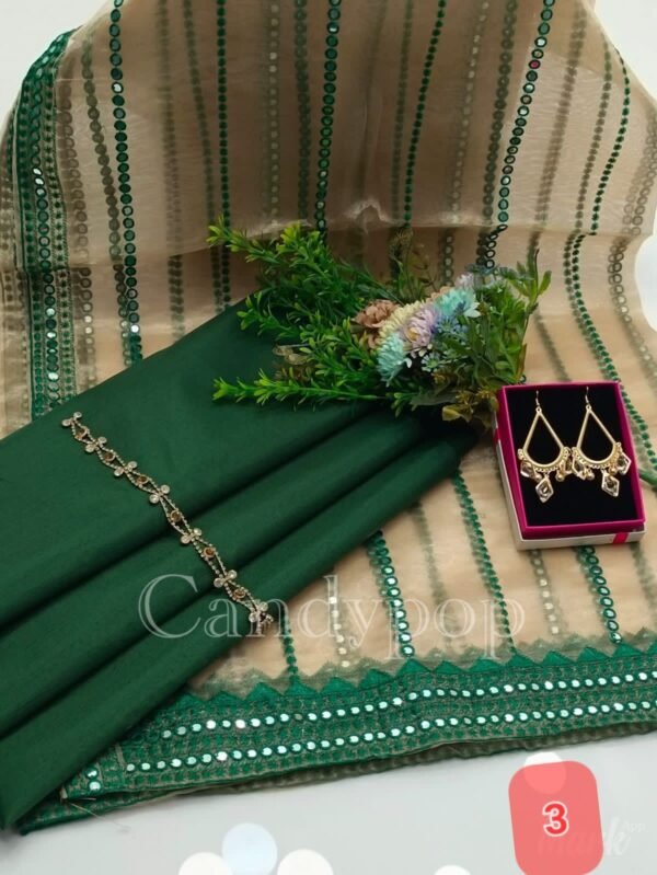 3PC Stitched Raw Silk Suit With Organza Sequence,Mirror work & Embroiderd Dupatta - Image 4