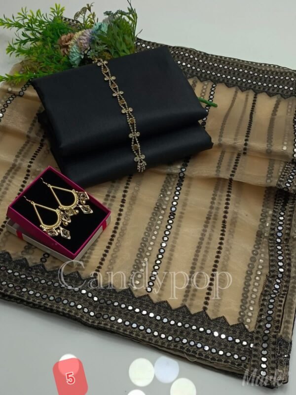 3PC Stitched Raw Silk Suit With Organza Sequence,Mirror work & Embroiderd Dupatta - Image 6