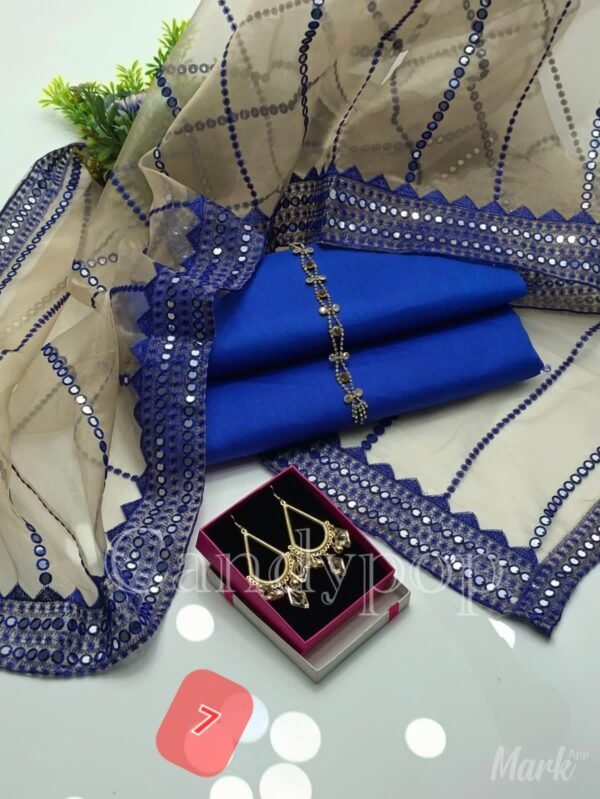 3PC Stitched Raw Silk Suit With Organza Sequence,Mirror work & Embroiderd Dupatta - Image 8