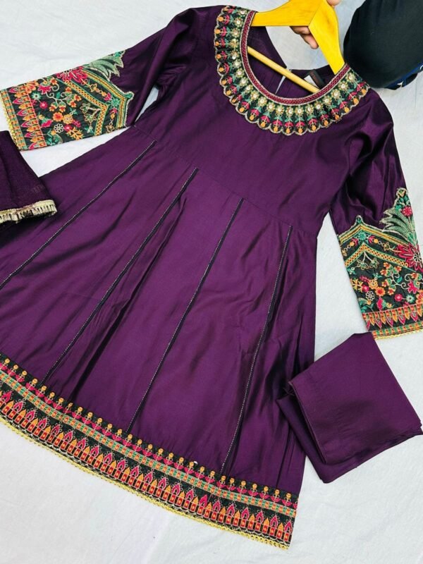 3PC Stitched Khadi Frock With Net Duppatta(6 colors) - Image 8