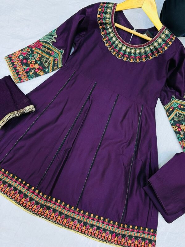 3PC Stitched Khadi Frock With Net Duppatta(6 colors) - Image 6