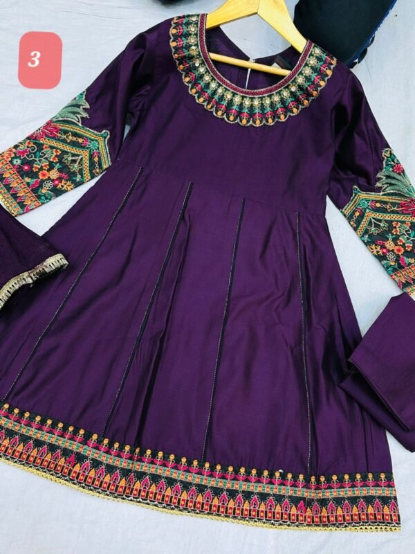 3PC Stitched Khadi Frock With Net Duppatta(6 colors) - Image 5