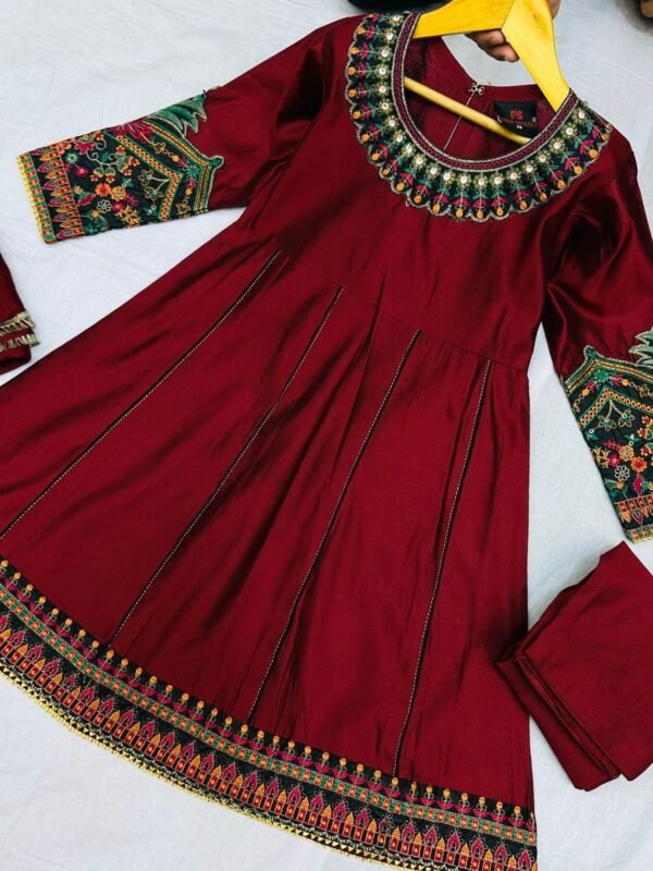 3PC Stitched Khadi Frock With Net Duppatta(6 colors) - Image 2
