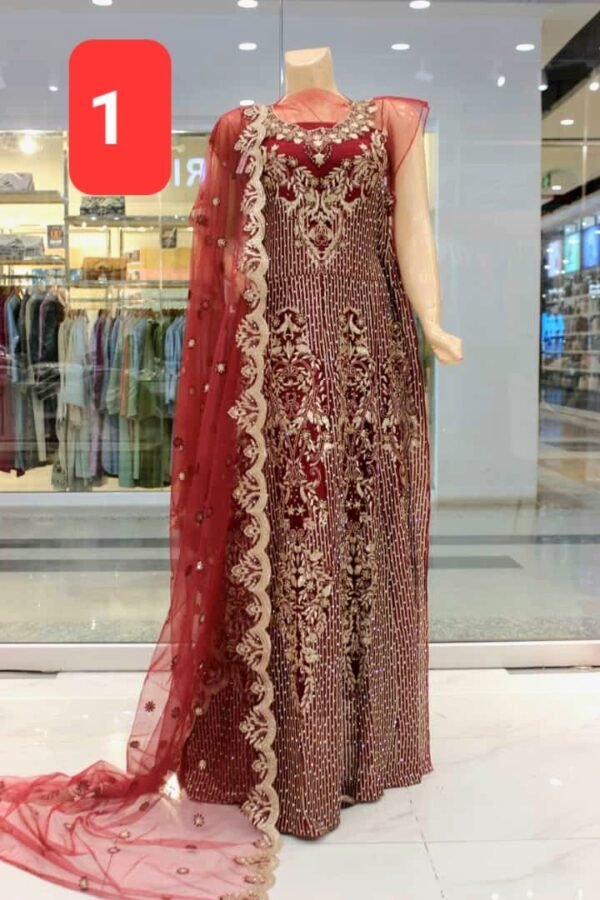 Fancy Embroidered Stitched Net Maxi Dress With Net Embroidered Dupatta. - Image 2