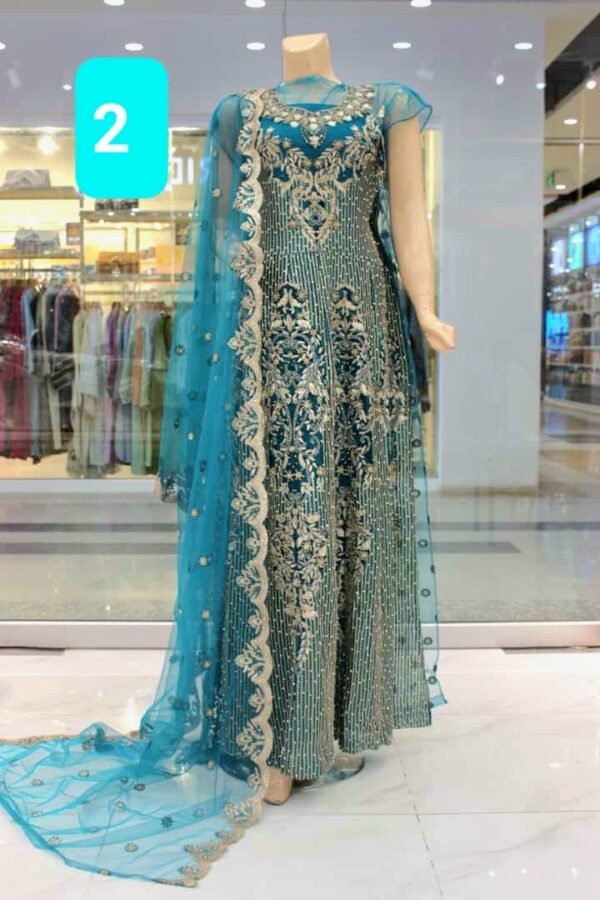 Fancy Embroidered Stitched Net Maxi Dress With Net Embroidered Dupatta. - Image 3