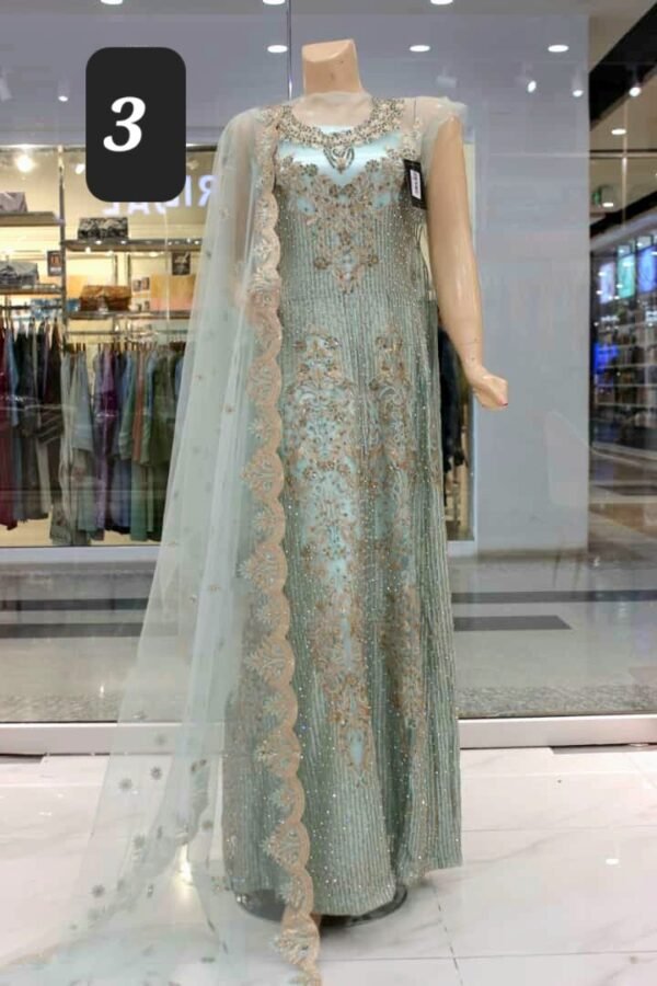 Fancy Embroidered Stitched Net Maxi Dress With Net Embroidered Dupatta. - Image 5