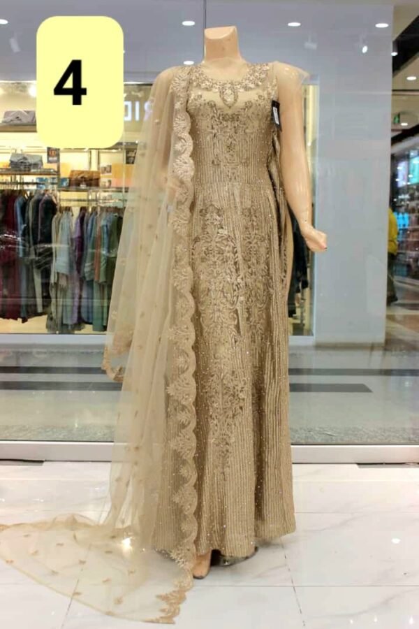 Fancy Embroidered Stitched Net Maxi Dress With Net Embroidered Dupatta. - Image 6