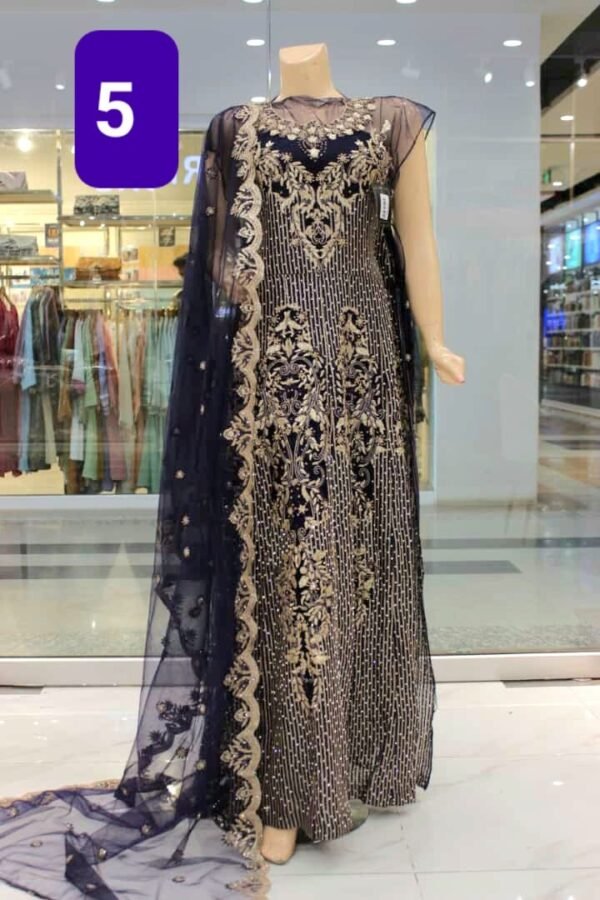Fancy Embroidered Stitched Net Maxi Dress With Net Embroidered Dupatta. - Image 7