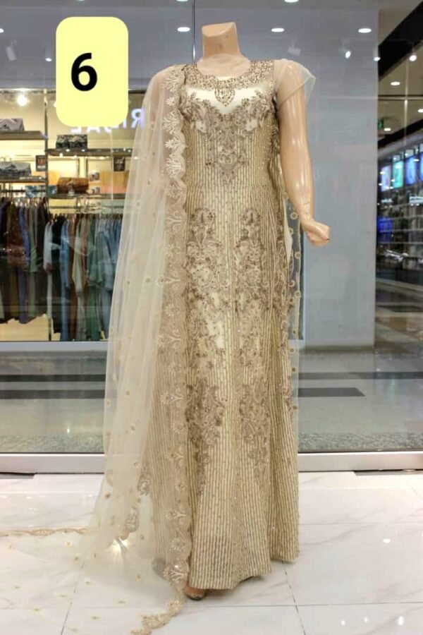 Fancy Embroidered Stitched Net Maxi Dress With Net Embroidered Dupatta. - Image 8