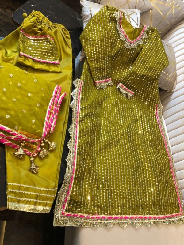 Mommy & Me 3PC Organza sequins,tilla & gota work long shirt Rawsilk inner & Trouser with fancy embroidered Dupatta with Gota lace & Tassels - Image 6