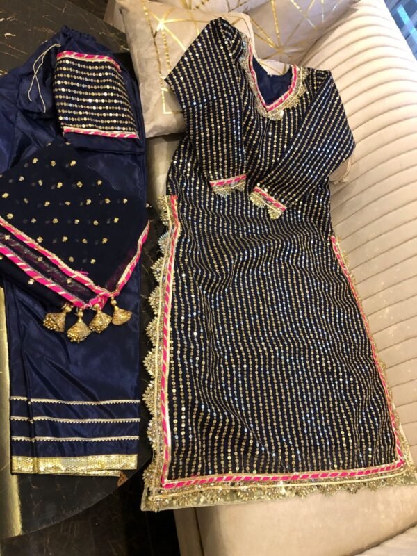 Mommy & Me 3PC Organza sequins,tilla & gota work long shirt Rawsilk inner & Trouser with fancy embroidered Dupatta with Gota lace & Tassels - Image 5