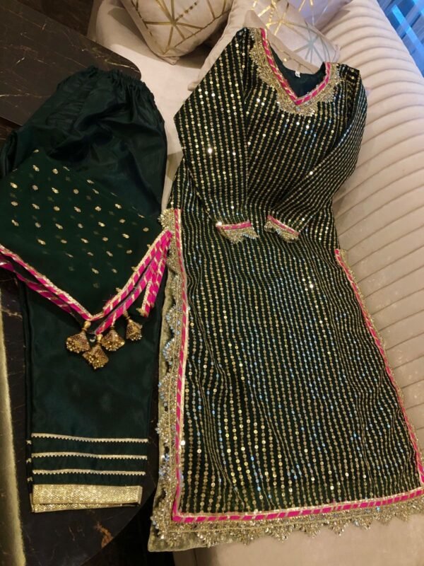 Mommy & Me 3PC Organza sequins,tilla & gota work long shirt Rawsilk inner & Trouser with fancy embroidered Dupatta with Gota lace & Tassels - Image 3