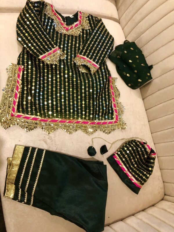 Mommy & Me 3PC Organza sequins,tilla & gota work long shirt Rawsilk inner & Trouser with fancy embroidered Dupatta with Gota lace & Tassels - Image 4