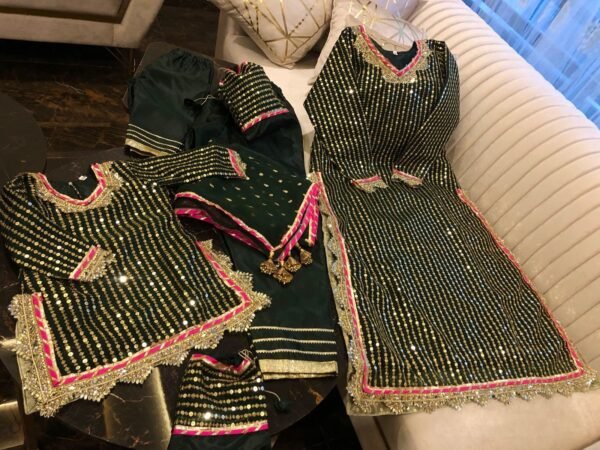 Mommy & Me 3PC Organza sequins,tilla & gota work long shirt Rawsilk inner & Trouser with fancy embroidered Dupatta with Gota lace & Tassels - Image 2