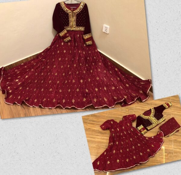 Mother & Daughter Flary Crush Sequins and Tilla Work long Maxi with Velvet Jacket &Chiffon Dupatta.