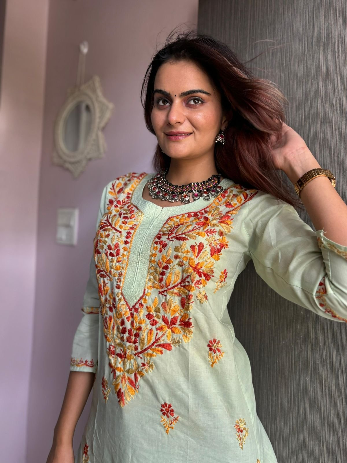 Lucknow Chicken Kari Multi  Thread Work  Pure Cotton Kurti