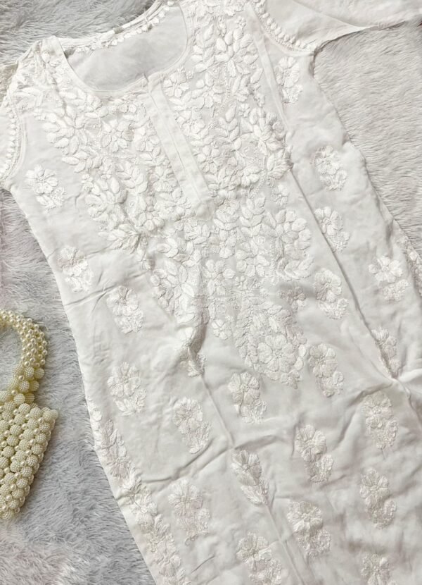 Lucknowi Chikankari Work White Modal Kurti - Image 5