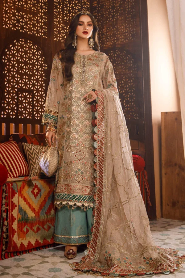 Maria B Stitched MBROIDERED - Off White with Sea Green (BD-2507) - Image 3