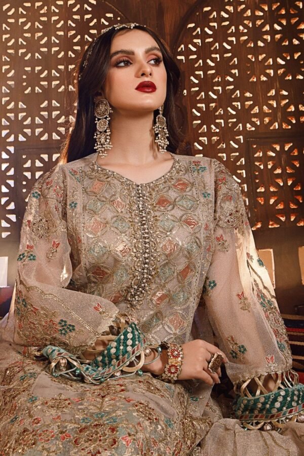 Maria B Stitched MBROIDERED - Off White with Sea Green (BD-2507) - Image 2
